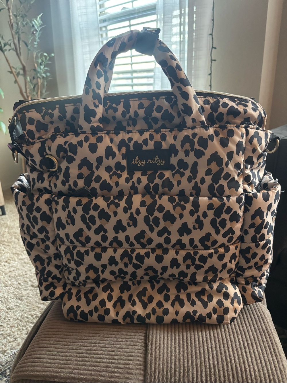Itzy Ritzy Leopard Quilted Diaper Bag - Beige and Black